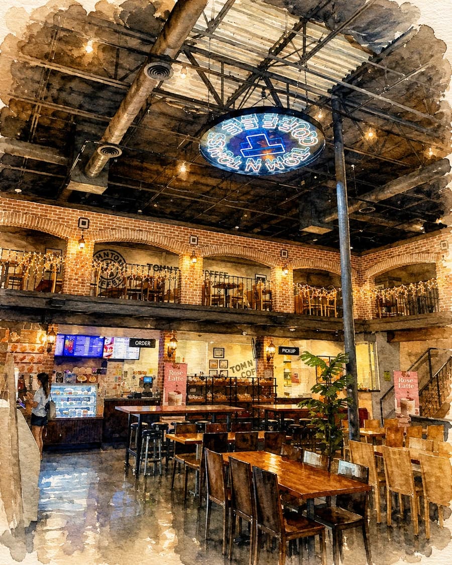 Tom N Toms Carrollton interior — two-story café with exposed brick walls and neon sign