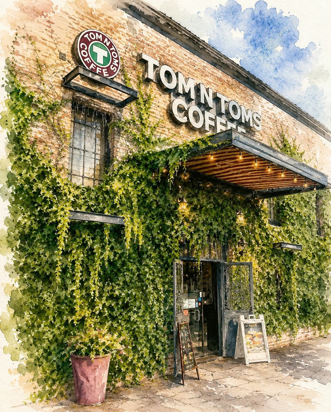 Tom N Toms Coffee exterior — ivy-covered brick building with warm string lights