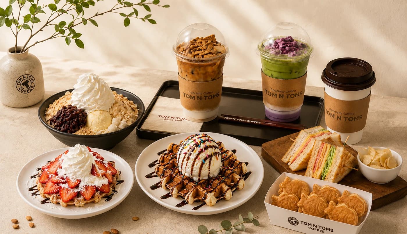 Tom N Toms signature menu — snow flakes, waffles, specialty drinks, and fresh food